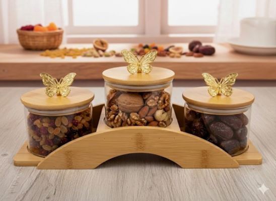 Glass Storage Jar Bowl Set with Bamboo Airtight Lids & Wooden Stand