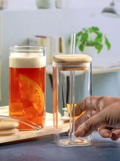 Premium Square Glass Tumbler with Bamboo Lid & Glass Straw 410ml