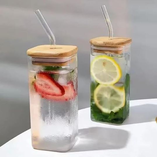 Premium Square Glass Tumbler with Bamboo Lid & Glass Straw 410ml