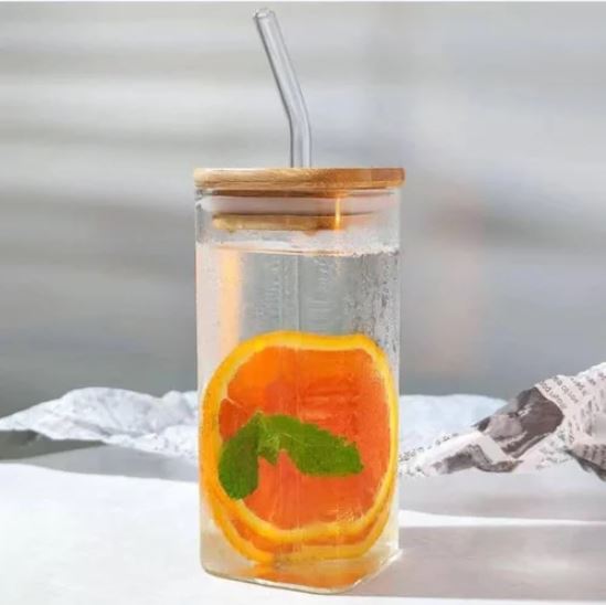 Premium Square Glass Tumbler with Bamboo Lid & Glass Straw 410ml