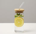 Premium Square Glass Tumbler with Bamboo Lid & Glass Straw 410ml