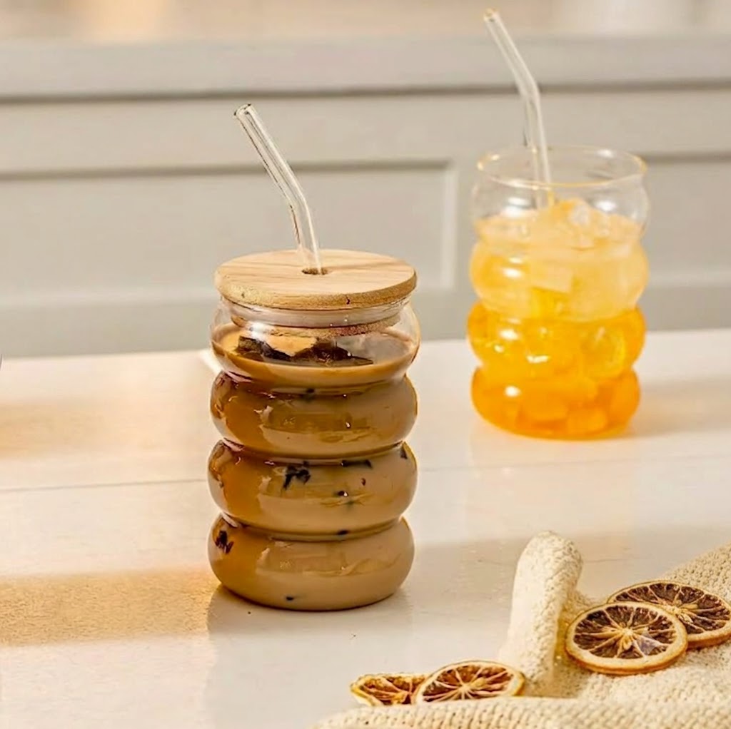 Stackable Glass Bubble Jars with Bamboo Lid 500ml, Clear Glass Container with Straw, Modern Design for Beverages and Smoothies