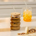 Stackable Glass Bubble Jars with Bamboo Lid 500ml, Clear Glass Container with Straw, Modern Design for Beverages and Smoothies