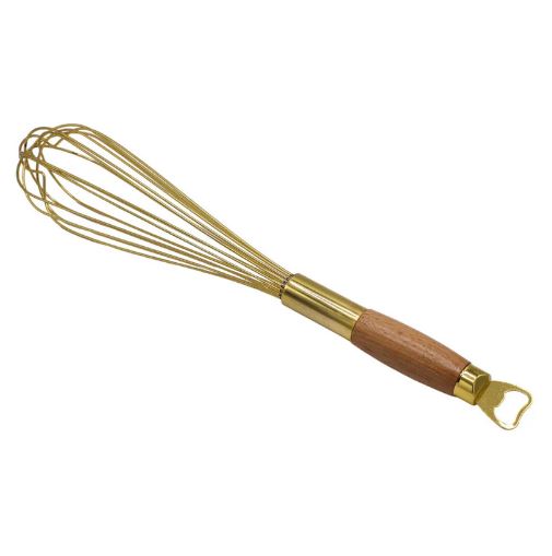 Stainless Steel Golden Colored Hand Whisk With Wooden Handle