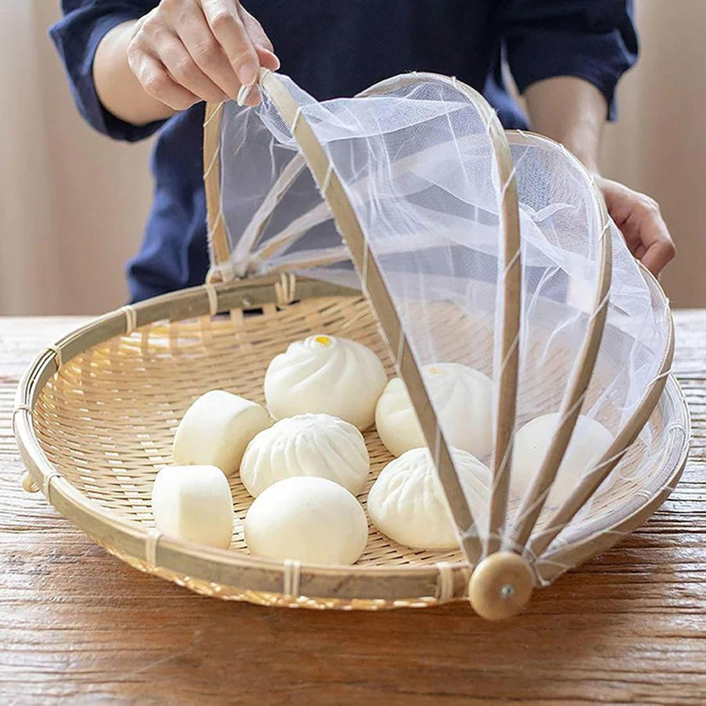 Handcrafted Bamboo Food Basket With Cover - Foldable, Fly & Mosquito Proof Mesh Cover Basket, Perfect for Fruits, Vegetables, Bread Storage