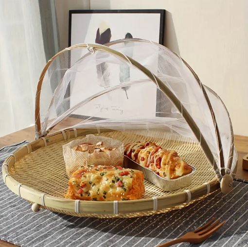 Handcrafted Bamboo Food Basket With Cover - Foldable, Fly & Mosquito Proof Mesh Cover Basket, Perfect for Fruits, Vegetables, Bread Storage