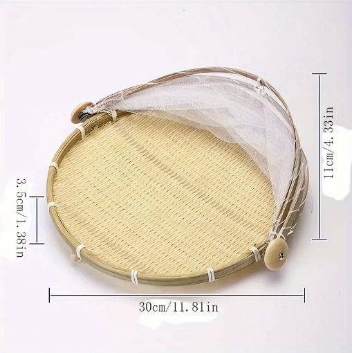 Handcrafted Bamboo Food Basket With Cover - Foldable, Fly & Mosquito Proof Mesh Cover Basket, Perfect for Fruits, Vegetables, Bread Storage