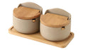 Japanese Style Ceramic Spice Jars, Seasoning Jar Combination Set With 2 Wooden Spoons, Lid & Tray