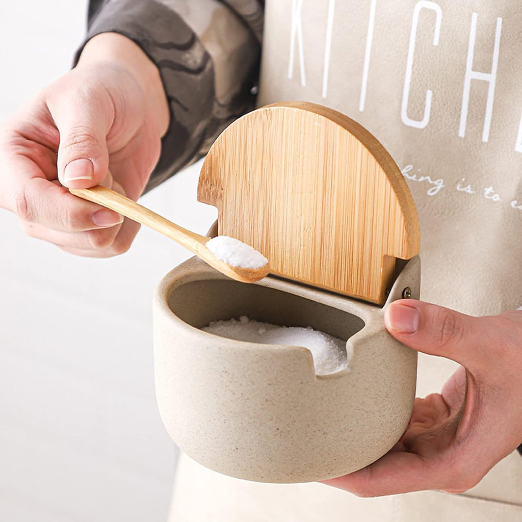 Japanese Style Ceramic Spice Jars, Seasoning Jar Combination Set With 2 Wooden Spoons, Lid & Tray