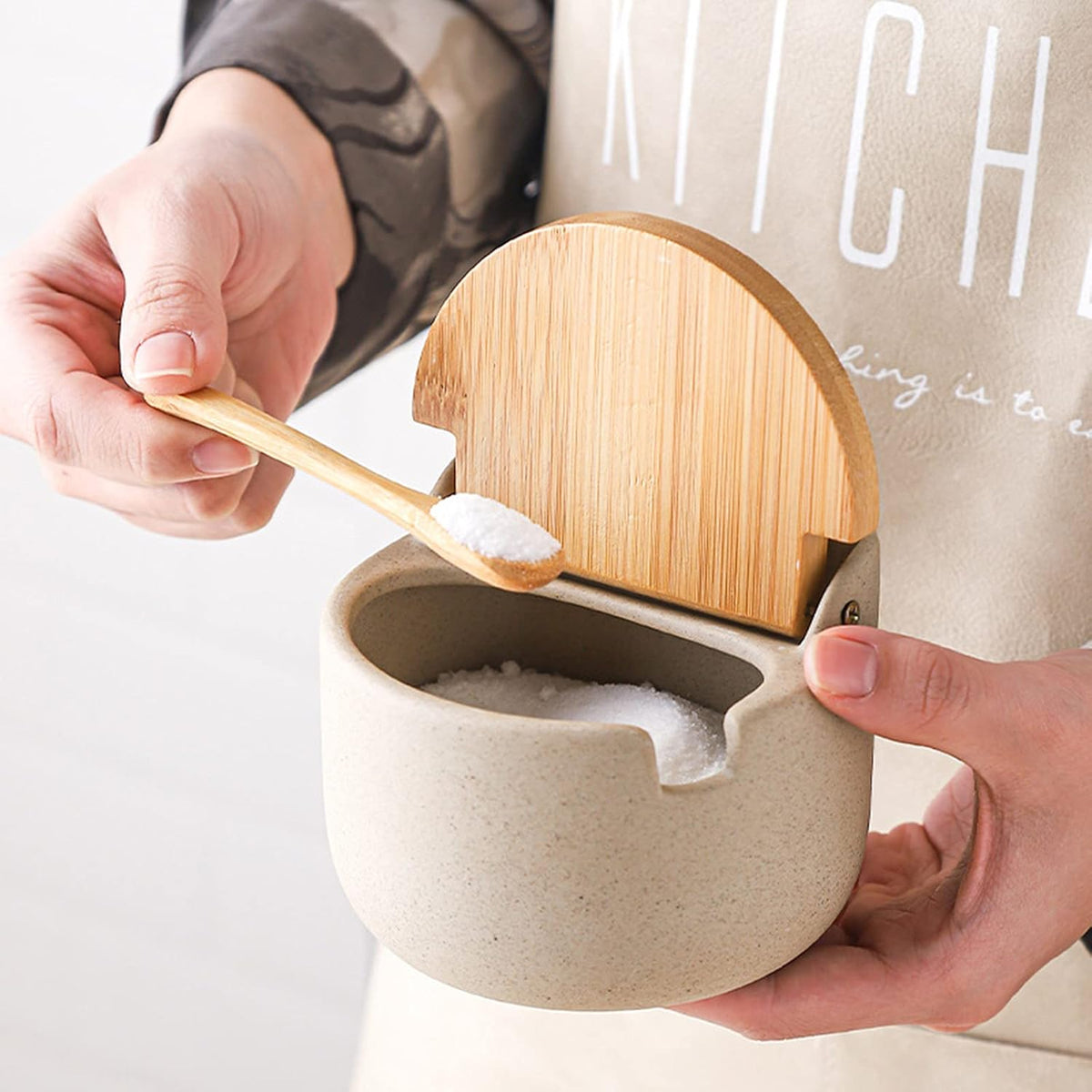 Japanese Style Ceramic Spice Jars, Seasoning Jar Combination Set With 2 Wooden Spoons, Lid & Tray