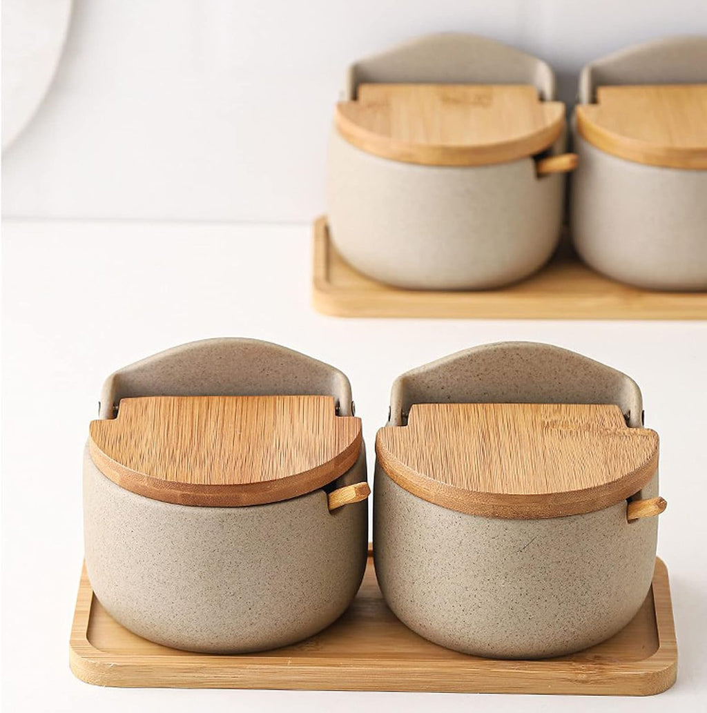 Japanese Style Ceramic Spice Jars, Seasoning Jar Combination Set With 2 Wooden Spoons, Lid & Tray