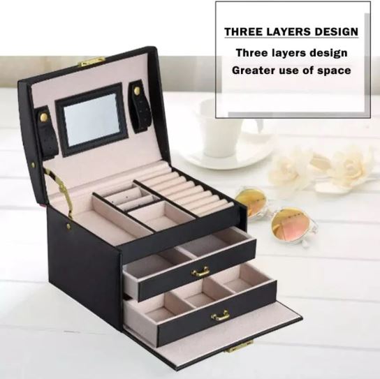 3 Layer Luxurious Large Capacity Jewellery Organizer, Earring Ring Bracelet Storage Case for Women, Double Drawer Leather Jewellery Box
