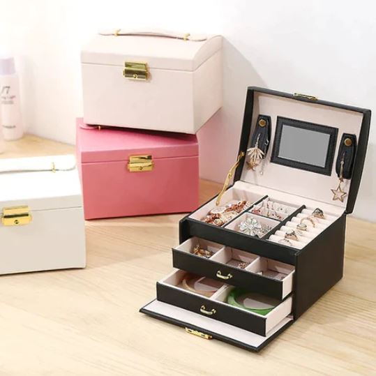 3 Layer Luxurious Large Capacity Jewellery Organizer, Earring Ring Bracelet Storage Case for Women, Double Drawer Leather Jewellery Box