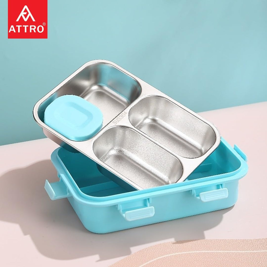 Kids Lunch Box with 3 Compartment Inner Steel, 1 Small Container, Spoon & Chopstick Air-Tight Leakproof Heat Water Insulation Design