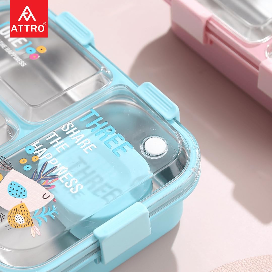Kids Lunch Box with 3 Compartment Inner Steel, 1 Small Container, Spoon & Chopstick Air-Tight Leakproof Heat Water Insulation Design