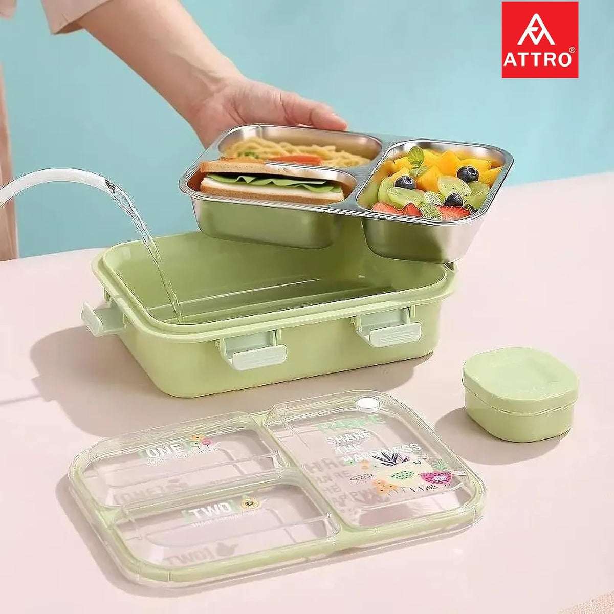 Kids Lunch Box with 3 Compartment Inner Steel, 1 Small Container, Spoon & Chopstick Air-Tight Leakproof Heat Water Insulation Design