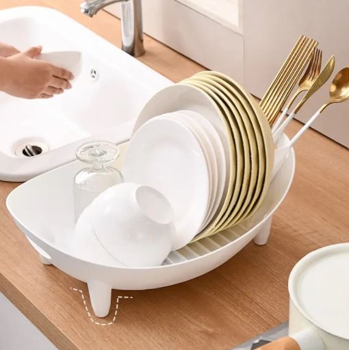 1pc Plastic Kitchen Dish Drying Rack – Multifunctional Countertop Organizer for Dishes, Bowls, and Utensils with Drain Feature (White)