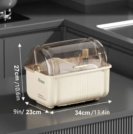 Kitchen Dish Rack with Cover, Countertop Drainer Organizer for Dishes and Utensils Holder with Water Tray