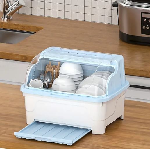 Multi-functional Plastic Kitchen Dish Storage Box with Lid, Dustproof Large Capacity Kitchen Rack