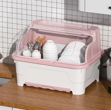 Multi-functional Plastic Kitchen Dish Storage Box with Lid, Dustproof Large Capacity Kitchen Rack