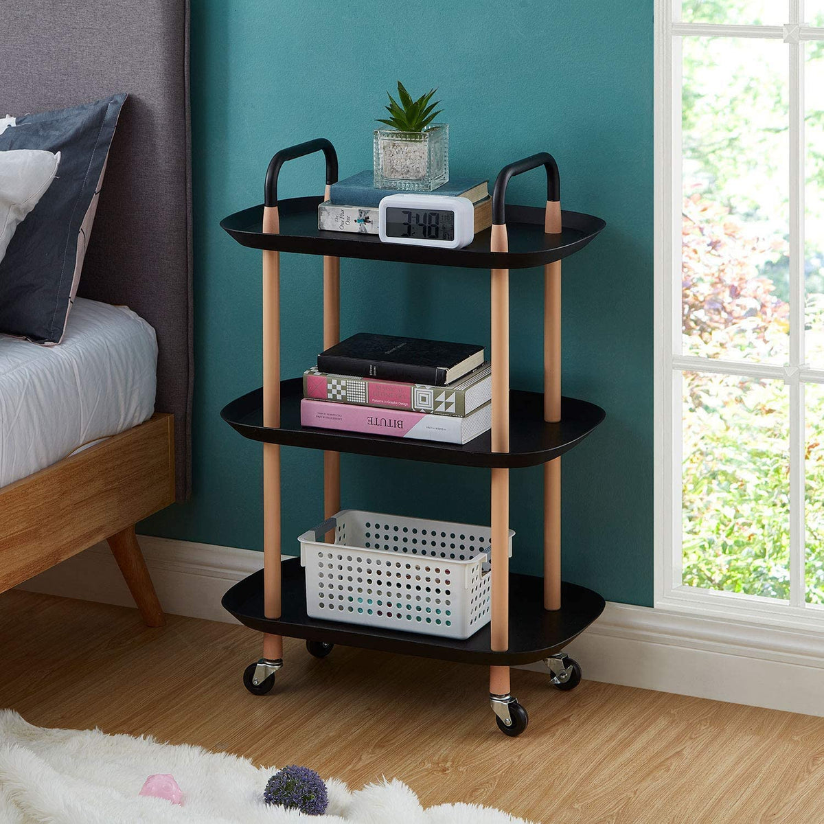 Mobile Cart Tea Set Rack Kitchen Living Room Storage Cart Three-Layer Design