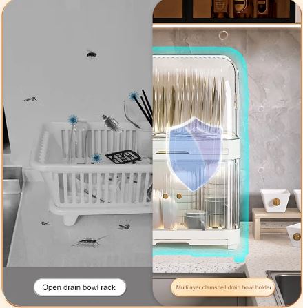 Kitchen Plate Rack With Lid Dish Tableware Storage Draining Box Cupboard