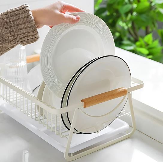 Kitchen Rack, Dish Drying Rack With Wooden Handle, Kitchen Utensils With Drain Pan, Drain Basket