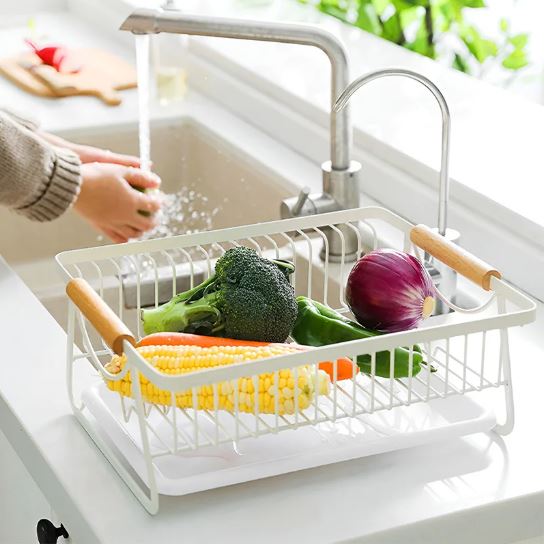 Kitchen Rack, Dish Drying Rack With Wooden Handle, Kitchen Utensils With Drain Pan, Drain Basket
