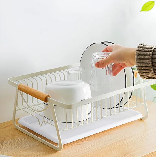 Kitchen Rack, Dish Drying Rack With Wooden Handle, Kitchen Utensils With Drain Pan, Drain Basket