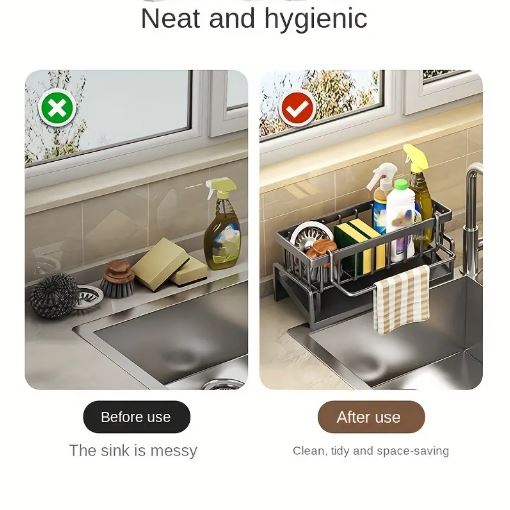 1pc Elegant No-Drill Kitchen Sink Caddy, Durable Plastic Multi-Purpose Storage Organizer for Sponges, Brushes, Towels, and Accessories