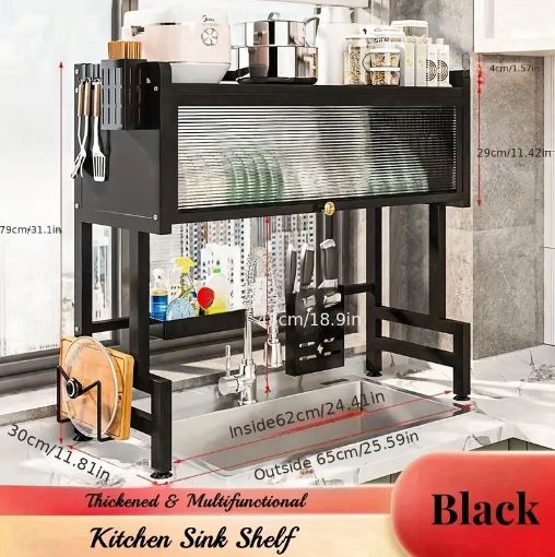 65cm Multi-Compartment Kitchen Sink Organizer with Drain Function for Utensils and Supplies, Durable Plastic/Metal Construction, Kitchen Sink Storage
