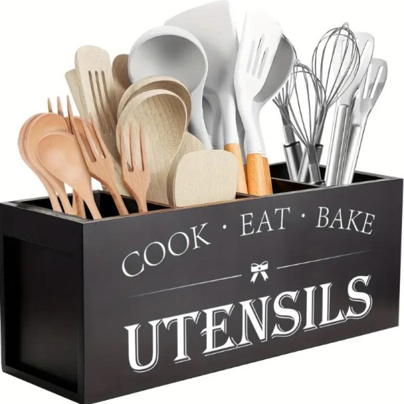 Kitchen Utensils Holder with 4 Compartments, Wooden Utensil Organizer for Kitchen Countertop