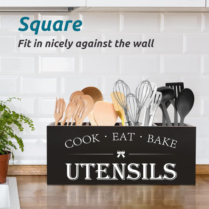 Kitchen Utensils Holder with 4 Compartments, Wooden Utensil Organizer for Kitchen Countertop