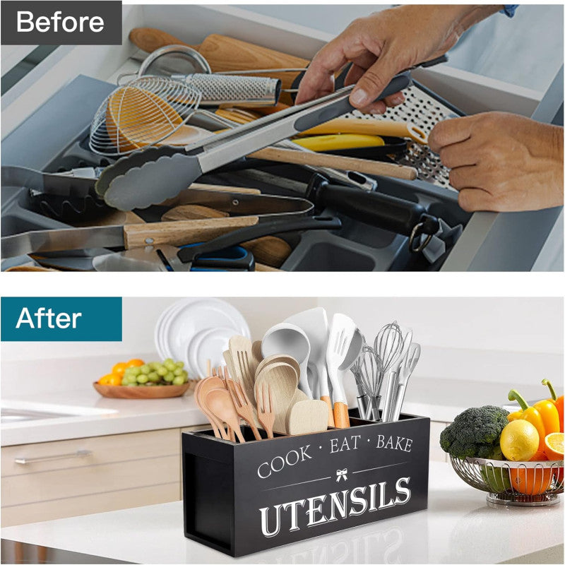 Kitchen Utensils Holder with 4 Compartments, Wooden Utensil Organizer for Kitchen Countertop