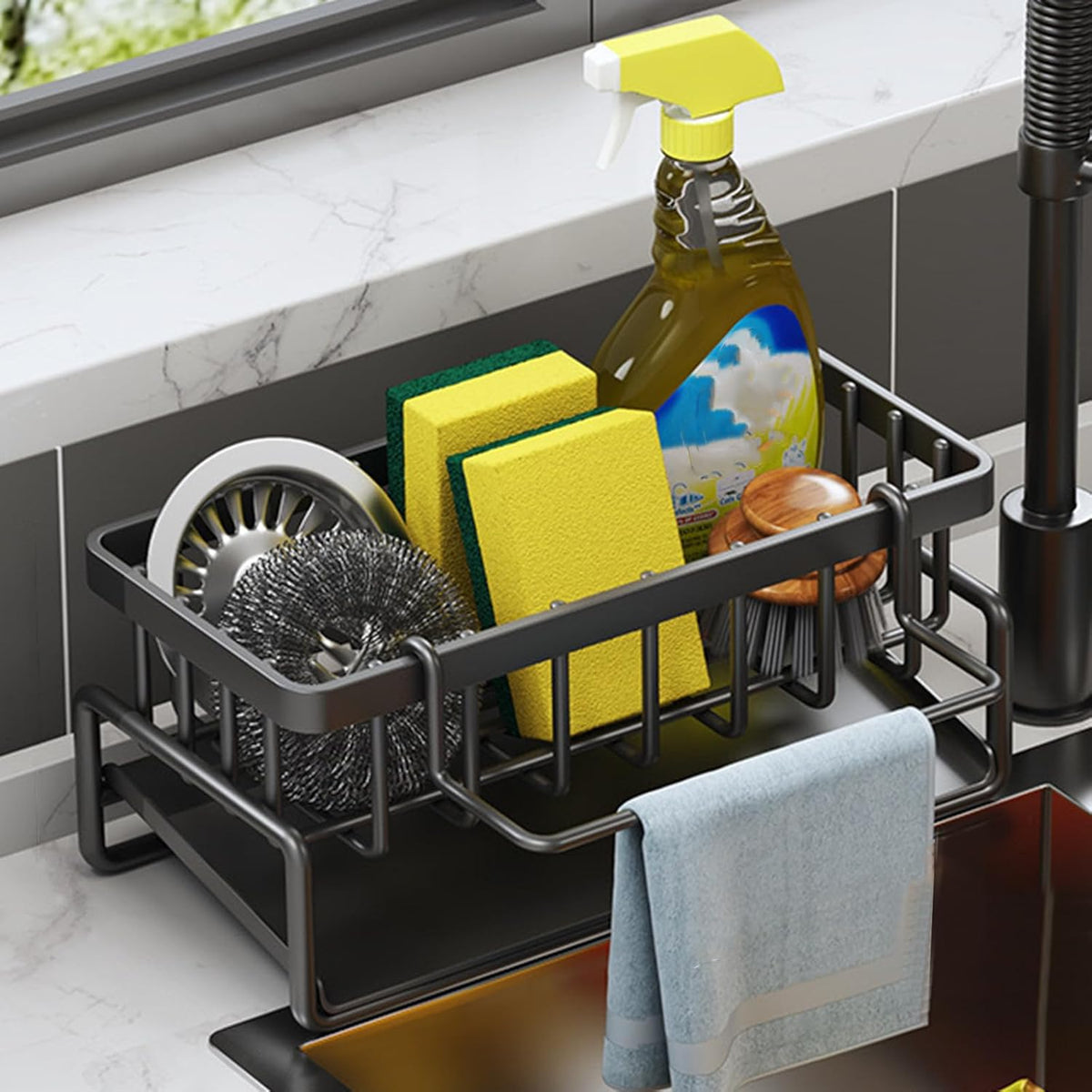 1pc Elegant No-Drill Kitchen Sink Caddy, Durable Plastic Multi-Purpose Storage Organizer for Sponges, Brushes, Towels, and Accessories