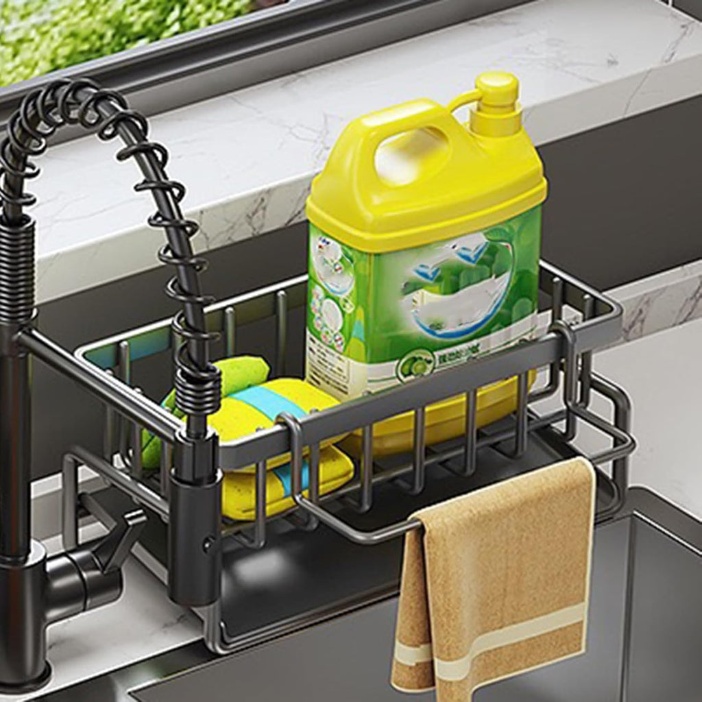 1pc Elegant No-Drill Kitchen Sink Caddy, Durable Plastic Multi-Purpose Storage Organizer for Sponges, Brushes, Towels, and Accessories