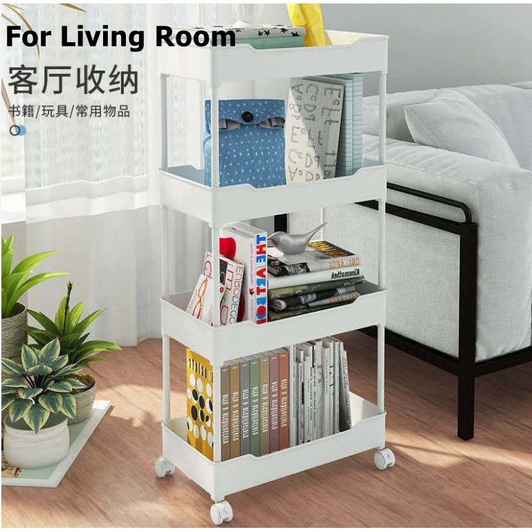 Kitchen Storage Trolley, Plastic Serving Rolling Cart Basket Tray with Wheels, for Bedroom Bathroom Office