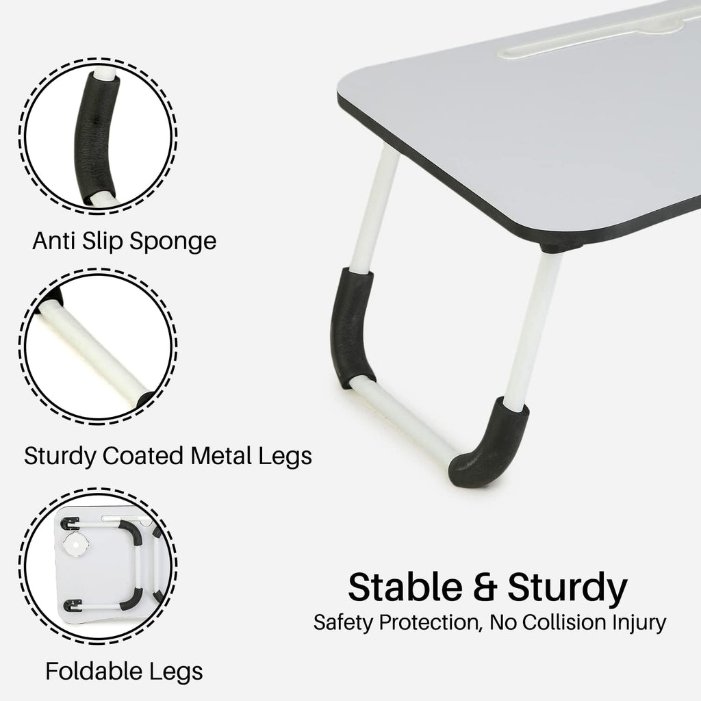 Laptop Bed Table With Foldable Metal Legs, Tablet & Cup Holder - Fits Upto 17" Portable Bed Desk For Laptop, Eating And Writing