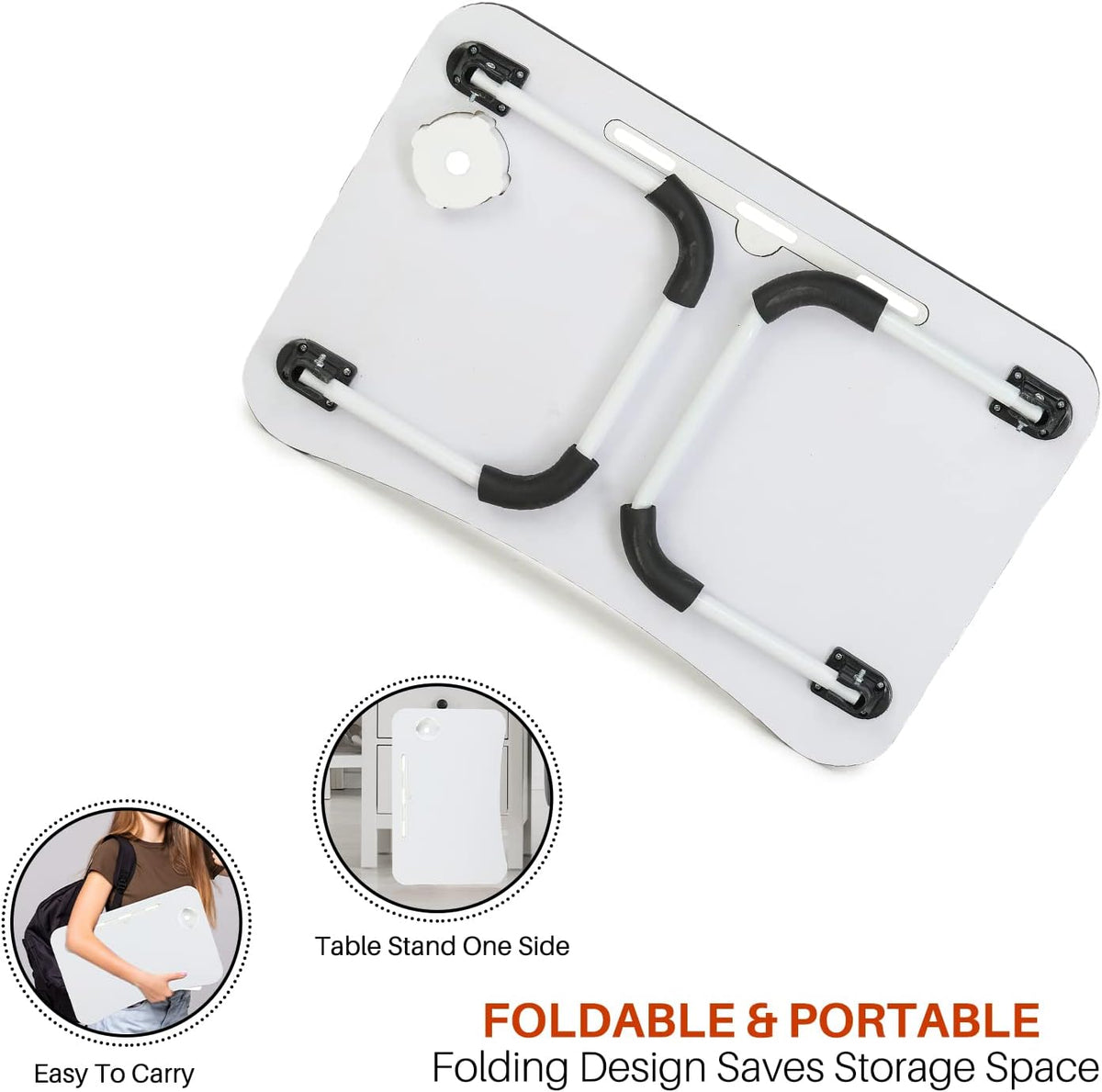 Laptop Bed Table With Foldable Metal Legs, Tablet & Cup Holder - Fits Upto 17" Portable Bed Desk For Laptop, Eating And Writing