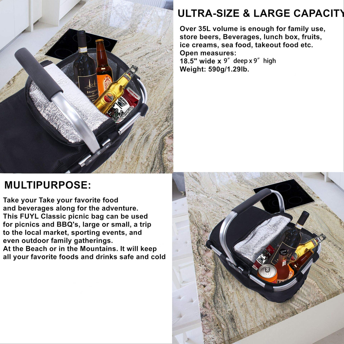 Large Size Picnic Basket Insulated- Strong Aluminum Frame - Waterproof Lining - Take it Camping, Picnicking, Lake Trips, or Family Vacations
