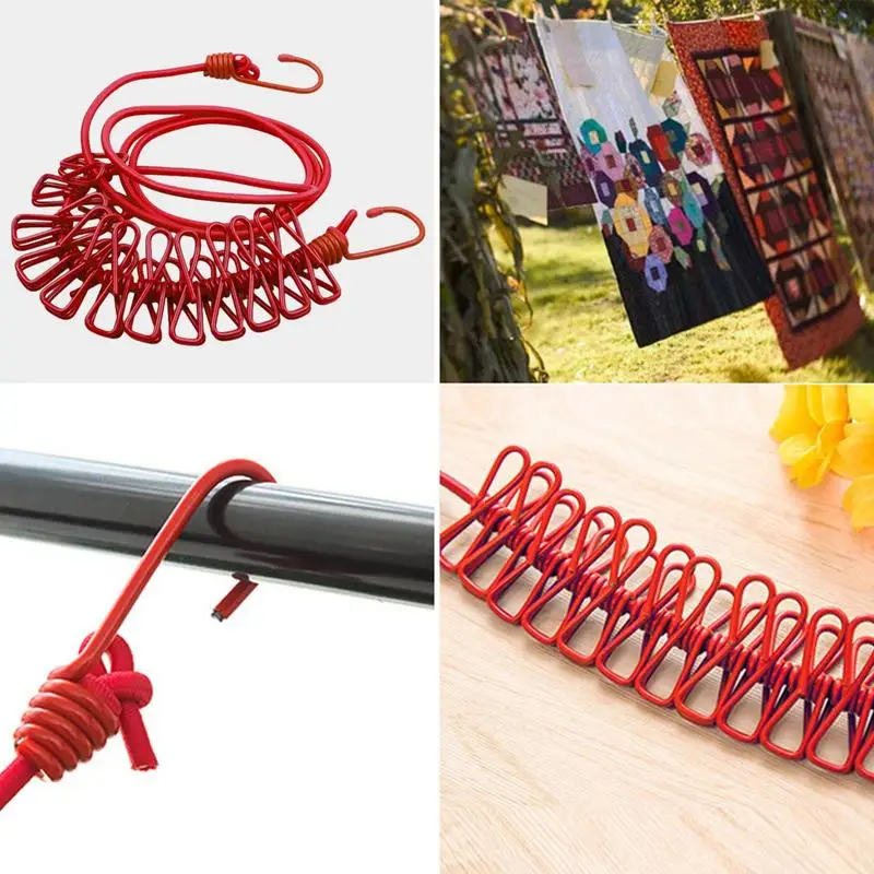 Stretchable Clothes line with 12 Clips Drying Clothesline Hanger Steel Rope