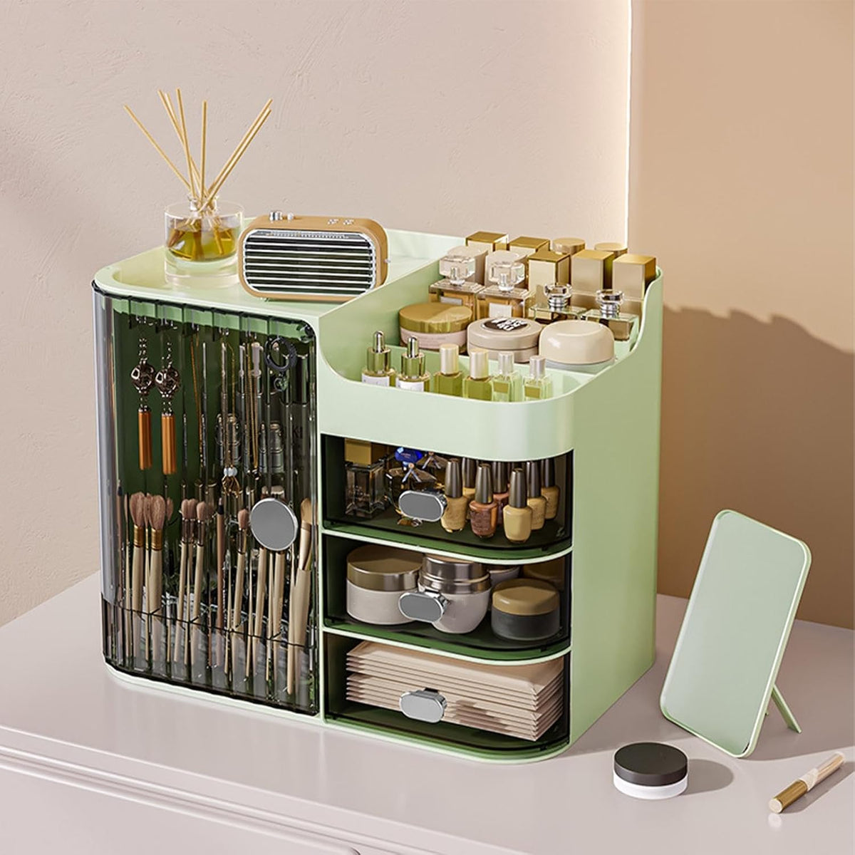 Makeup Organizer Countertop - Cosmetic Display Case, Table Cosmetics Drawer | Large Capacity Cosmetics Storage Box, Makeup Brushes Holder With Mirror for Lipsticks, Hair Clips