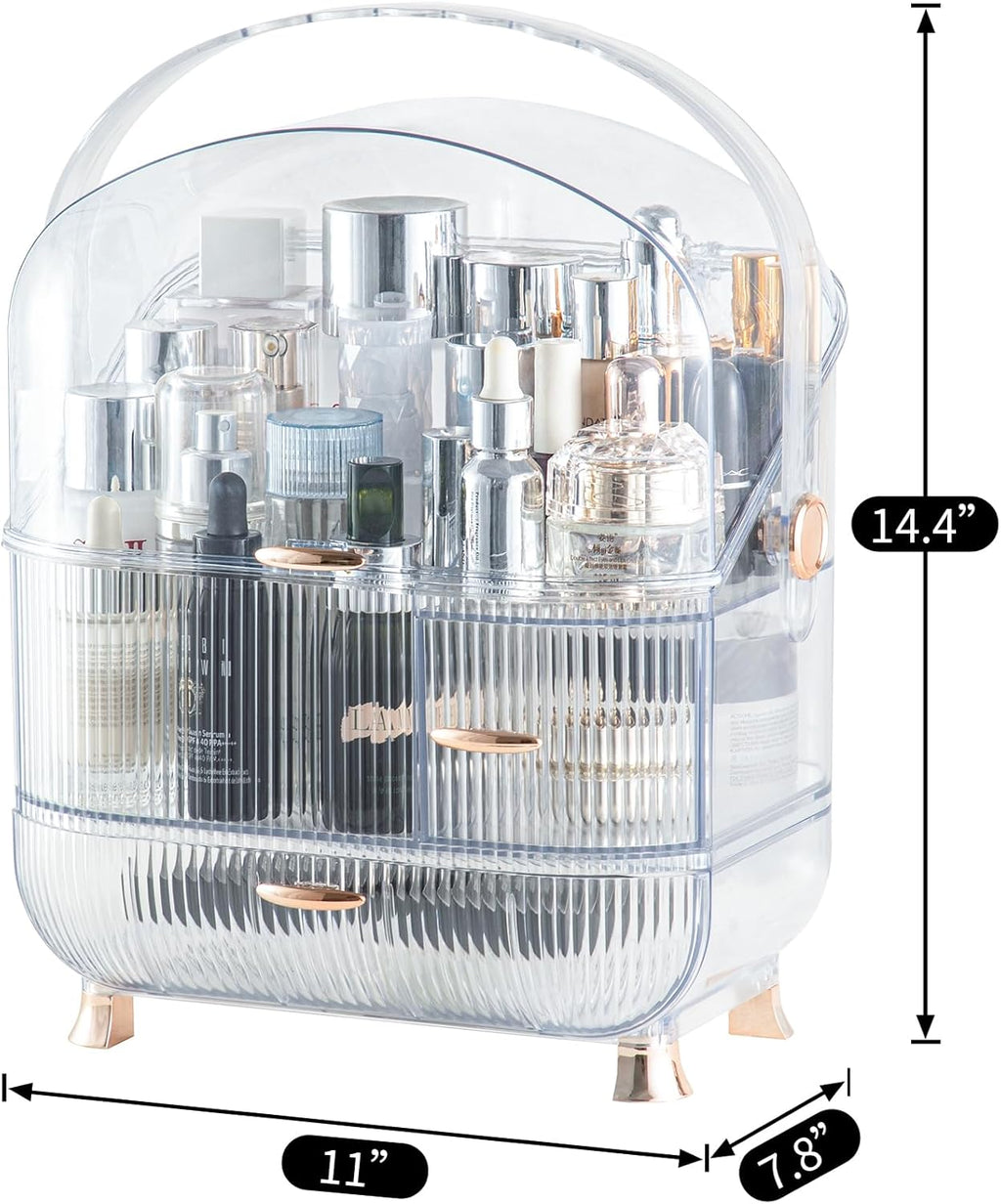 Makeup Organizer for Vanity, 3-layer Cosmetic Storage Box with Golden Drawer Handle, Egg Shape (Oval)