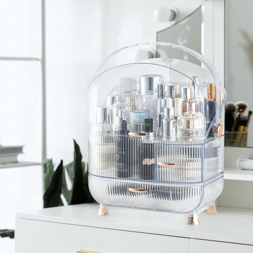 Makeup Organizer for Vanity, 3-layer Cosmetic Storage Box with Golden Drawer Handle, Egg Shape (Oval)