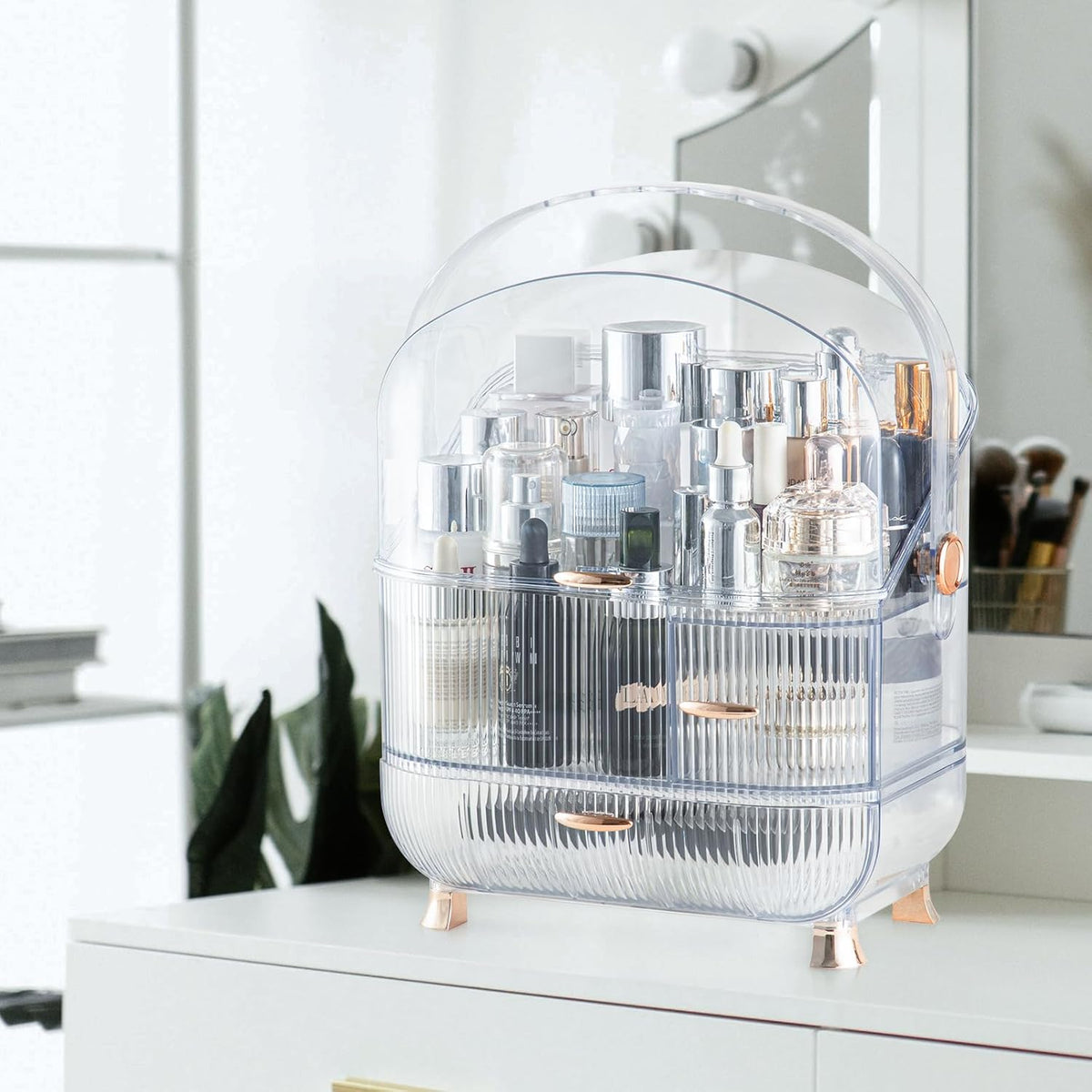 Makeup Organizer for Vanity, 3-layer Cosmetic Storage Box with Golden Drawer Handle, Egg Shape (Oval)