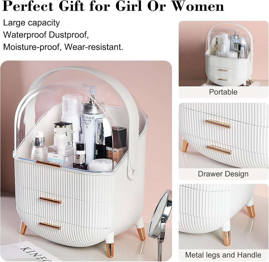 Elegant Pink Makeup Organizer with Golden Accents - Dustproof & Moisture-Resistant Cosmetic Storage Case with Lid & Drawers