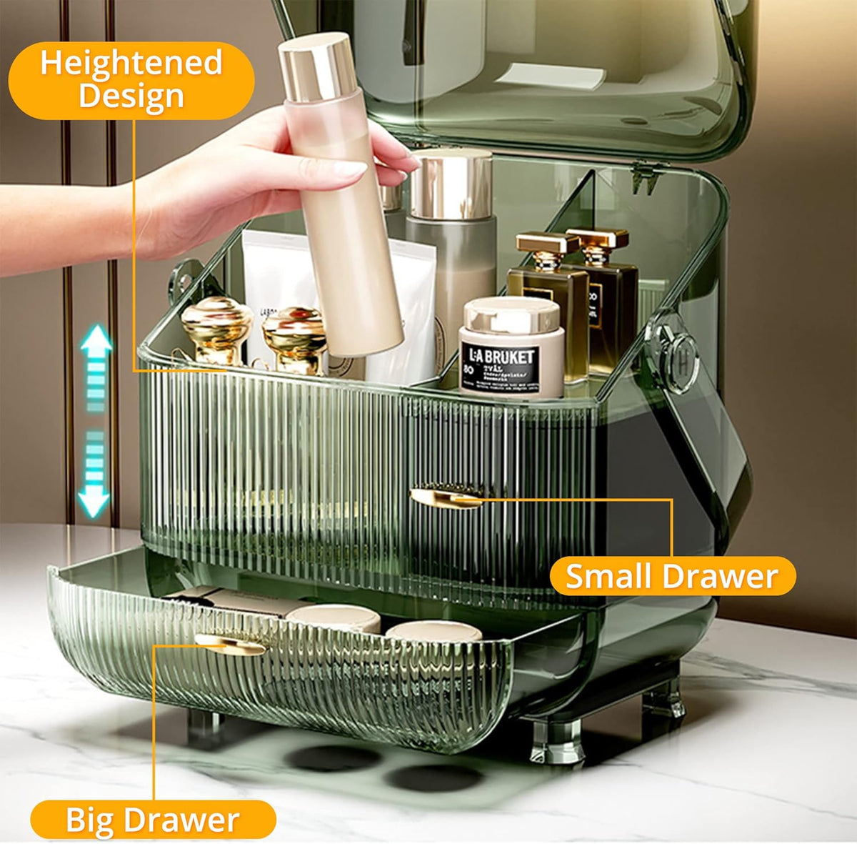 Makeup Organizer for Vanity, 3-layer Cosmetic Storage Box with Golden Drawer Handle, Egg Shape (Oval)
