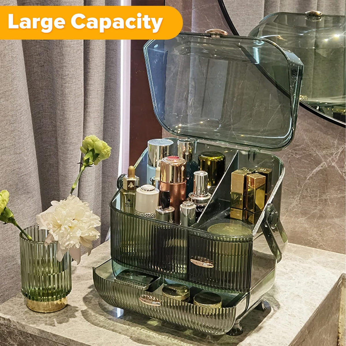 Makeup Organizer for Vanity, 3-layer Cosmetic Storage Box with Golden Drawer Handle, Egg Shape (Oval)