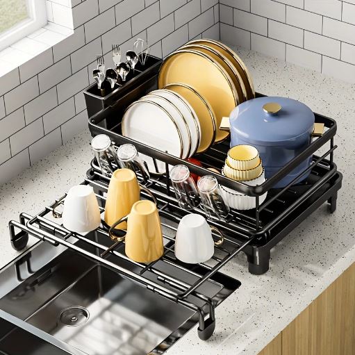 1pc Extendable Black Metal Dish Drying Rack with Utensil Holder, Large Capacity, Kitchen Counter Drainer for Plates, Bowls, Cups & Utensils