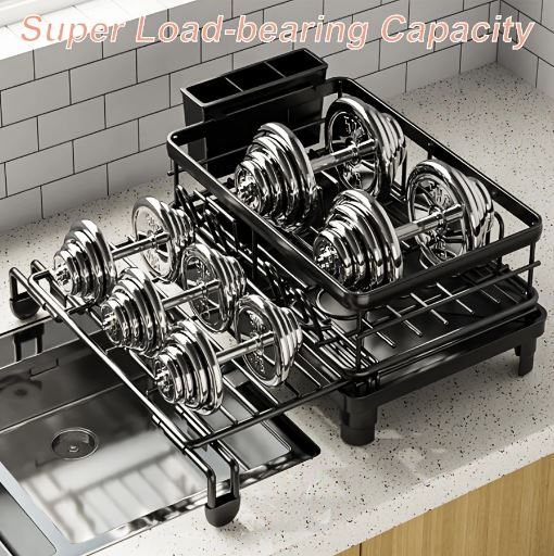 1pc Extendable Black Metal Dish Drying Rack with Utensil Holder, Large Capacity, Kitchen Counter Drainer for Plates, Bowls, Cups & Utensils